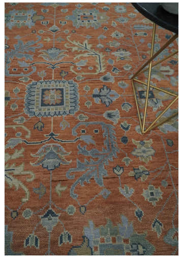 Rust, Blue and Silver Hand Knotted Traditional Multi Size Oushak Wool Area Rug