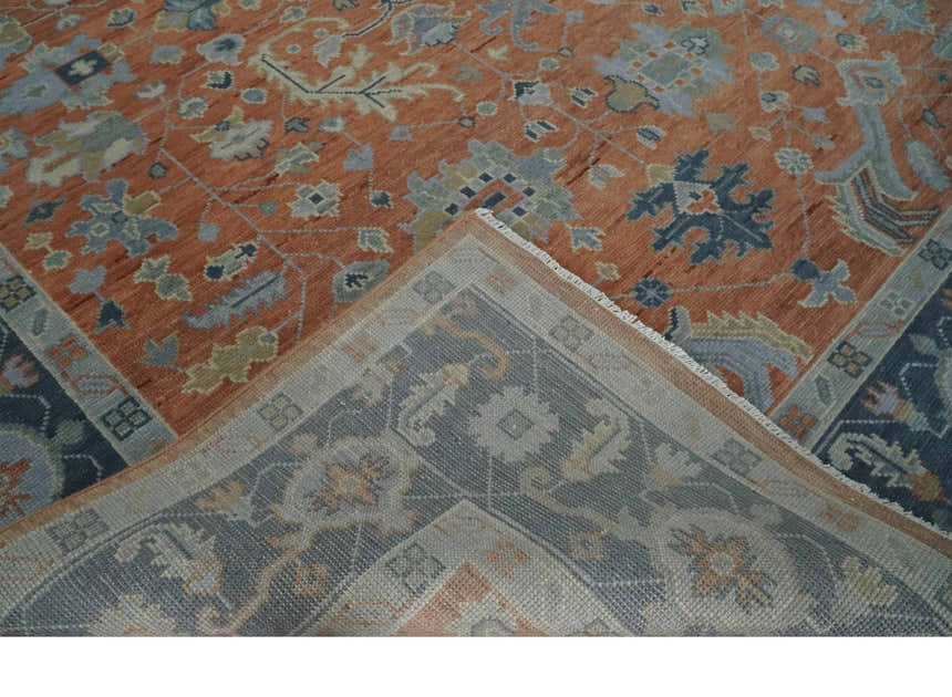Rust, Blue and Silver Hand Knotted Traditional Multi Size Oushak Wool Area Rug