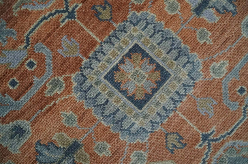 Rust, Blue and Silver Hand Knotted Traditional Multi Size Oushak Wool Area Rug