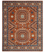 Rust, Ivory and Blue Traditional Mamluk design Hand Knotted Custom Made wool Area Rug