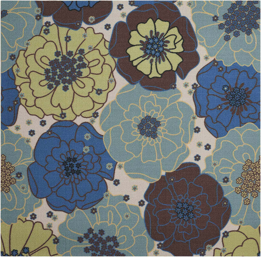 Close-up of the Nourison Home & Garden Light Blue rug. Features a large floral pattern in light blue, green, brown, and blue hues.