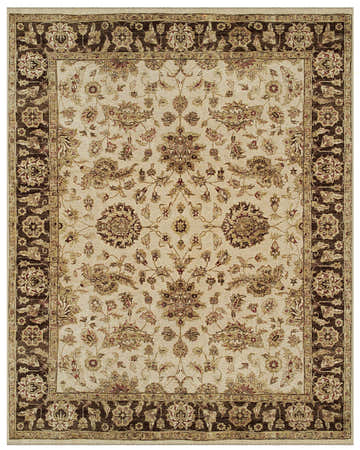 Close-up of Feizy Drake Traditional Persian rug. Ivory field, brown border, floral pattern, hand-knotted wool texture. Design-Rectangle