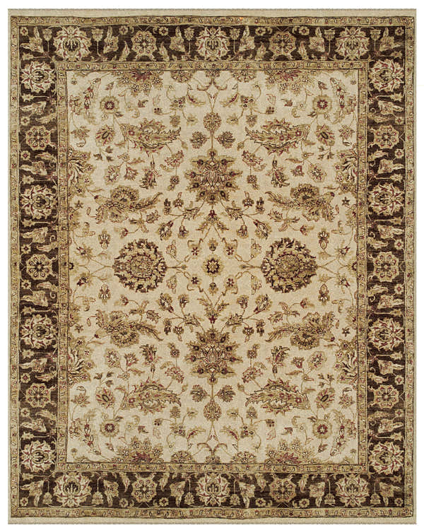Close-up of Feizy Drake Traditional Persian rug. Ivory field, brown border, floral pattern, hand-knotted wool texture. Design-Rectangle