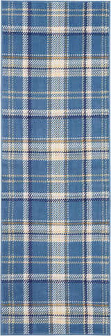 Close-up of the Nourison Grafix Blue Rustic Indoor Area Rug, featuring a classic plaid pattern in blue, cream, and gold.