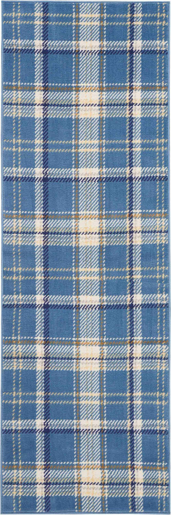 Close-up of the Nourison Grafix Blue Rustic Indoor Area Rug, featuring a classic plaid pattern in blue, cream, and gold.