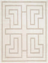 Close-up of the Studio Edit Rachel Zoe x LIVABLISS RZSE-2300 Area Rug. Features a geometric beige pattern on an ivory background. Design-Rectangle