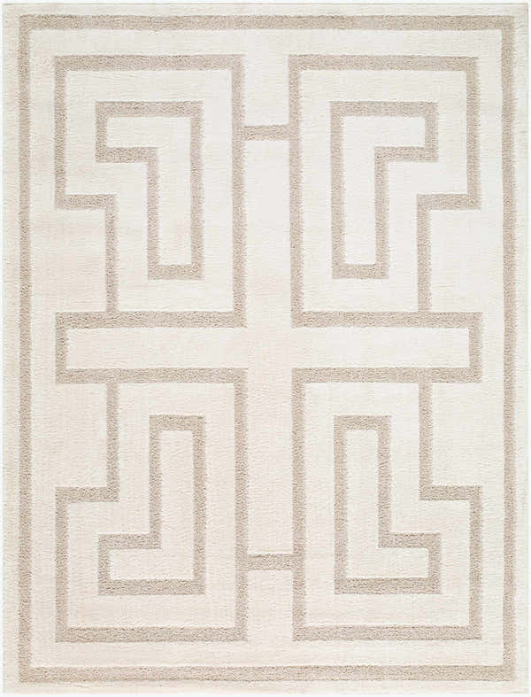 Close-up of the Studio Edit Rachel Zoe x LIVABLISS RZSE-2300 Area Rug. Features a geometric beige pattern on an ivory background. Design-Rectangle