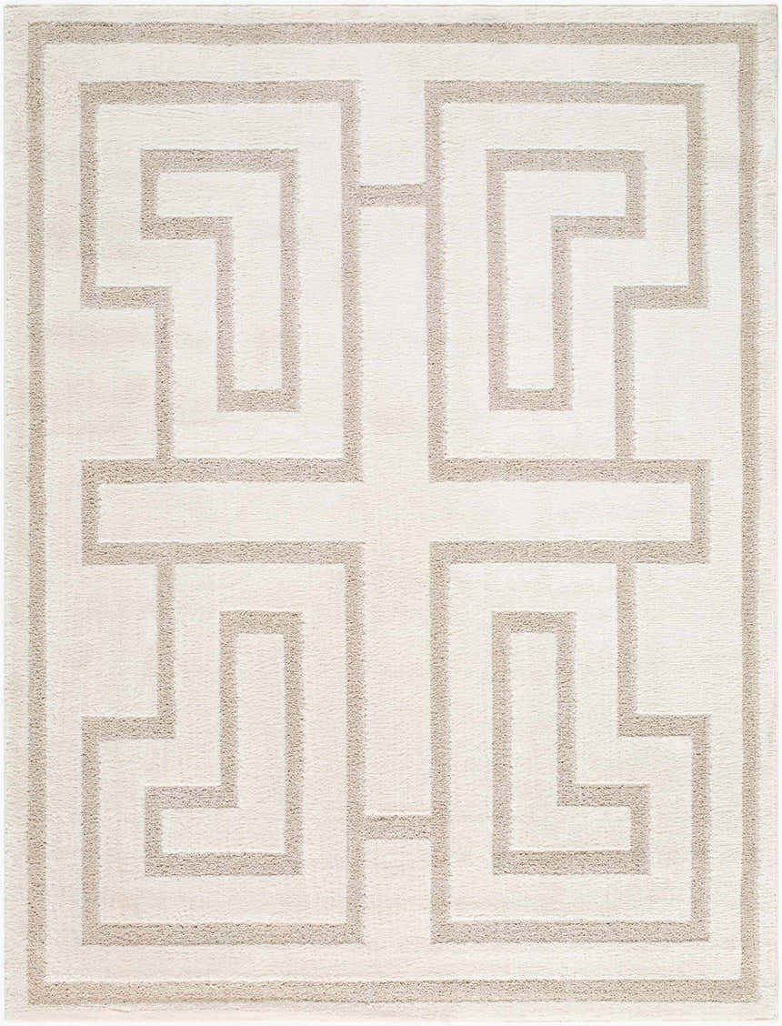 Close-up of the Studio Edit Rachel Zoe x LIVABLISS RZSE-2300 Area Rug. Features a geometric beige pattern on an ivory background. Design-Rectangle