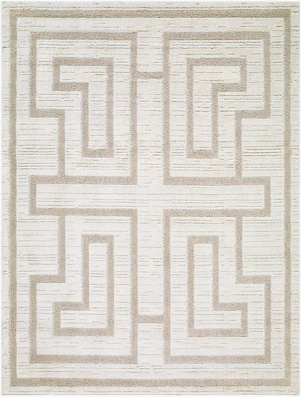 Close-up of the Studio Edit Rachel Zoe x LIVABLISS RZSE-2301 Area Rug. Beige geometric maze pattern on cream. Machine woven texture. Design-Rectangle
