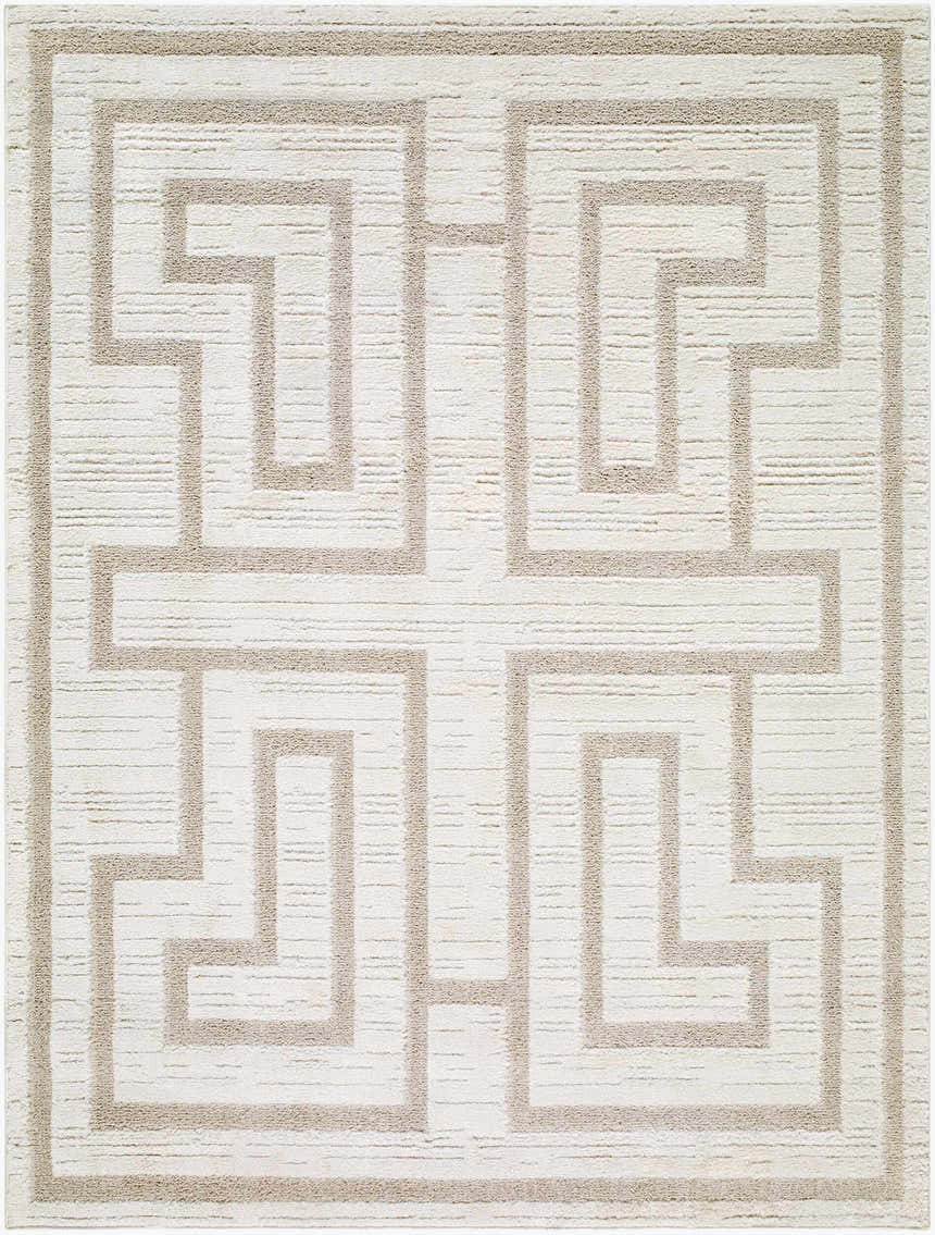Close-up of the Studio Edit Rachel Zoe x LIVABLISS RZSE-2301 Area Rug. Beige geometric maze pattern on cream. Machine woven texture. Design-Rectangle