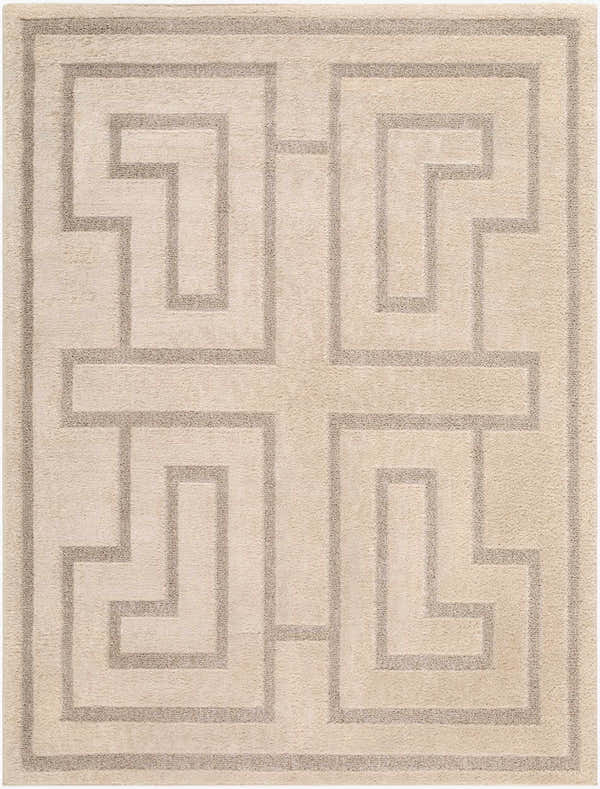 Close-up of Studio Edit Rachel Zoe x LIVABLISS RZSE-2302 Area Rug. Ivory rug with a geometric, medium gray maze pattern. Design-Rectangle