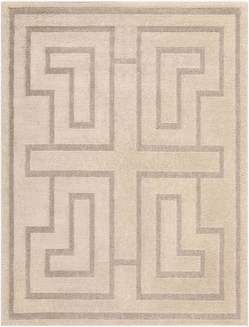 Close-up of Studio Edit Rachel Zoe x LIVABLISS RZSE-2302 Area Rug. Ivory rug with a geometric, medium gray maze pattern. Design-Rectangle