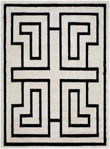 Close-up of the Studio Edit Rachel Zoe x LIVABLISS RZSE-2304 Area Rug. Cream rug with a bold, geometric black maze pattern. Design-Rectangle