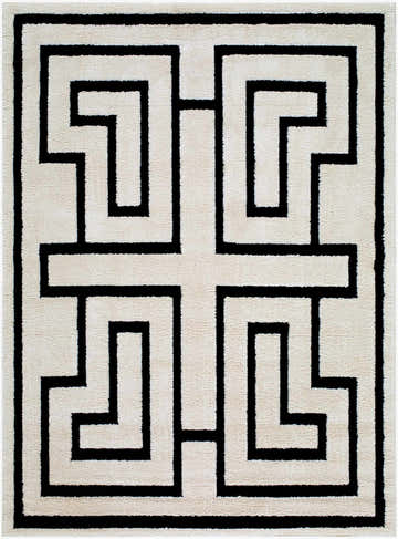 Close-up of the Studio Edit Rachel Zoe x LIVABLISS RZSE-2304 Area Rug. Cream rug with a bold, geometric black maze pattern. Design-Rectangle