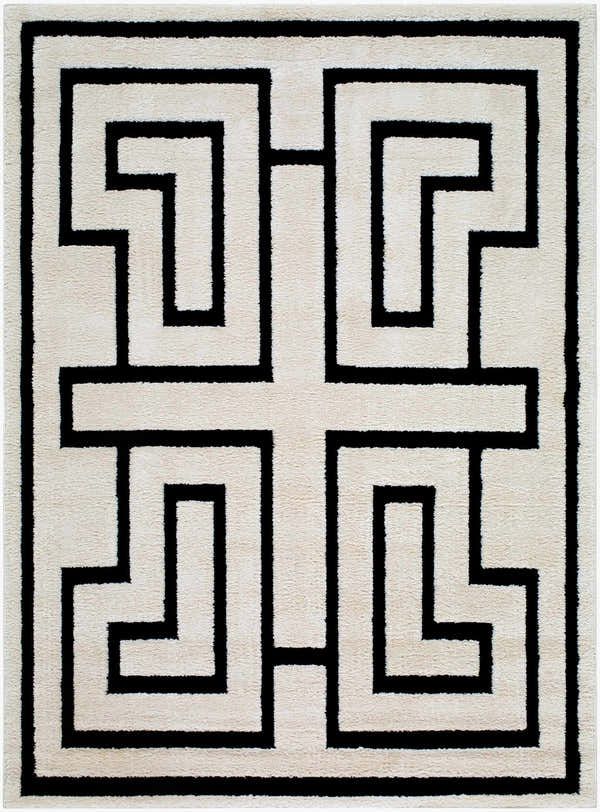 Close-up of the Studio Edit Rachel Zoe x LIVABLISS RZSE-2304 Area Rug. Cream rug with a bold, geometric black maze pattern. Design-Rectangle