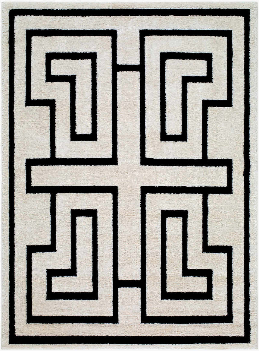 Close-up of the Studio Edit Rachel Zoe x LIVABLISS RZSE-2304 Area Rug. Cream rug with a bold, geometric black maze pattern. Design-Rectangle