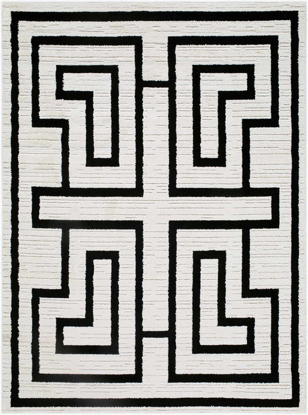 Close-up of the Studio Edit Machine Woven Rachel Zoe x LIVABLISS RZSE-2305 Area Rug. Black geometric pattern on cream textured rug. Design-Rectangle