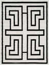 Close-up of the Studio Edit Machine Woven Rachel Zoe x LIVABLISS RZSE-2305 Area Rug. Black geometric pattern on cream textured rug. Design-Rectangle