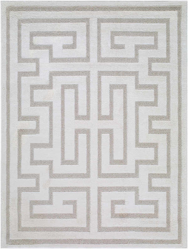 Close-up of the Studio Edit Rachel Zoe x LIVABLISS RZSE-2306 Area Rug. Beige Greek key pattern on an ivory background. Design-Rectangle