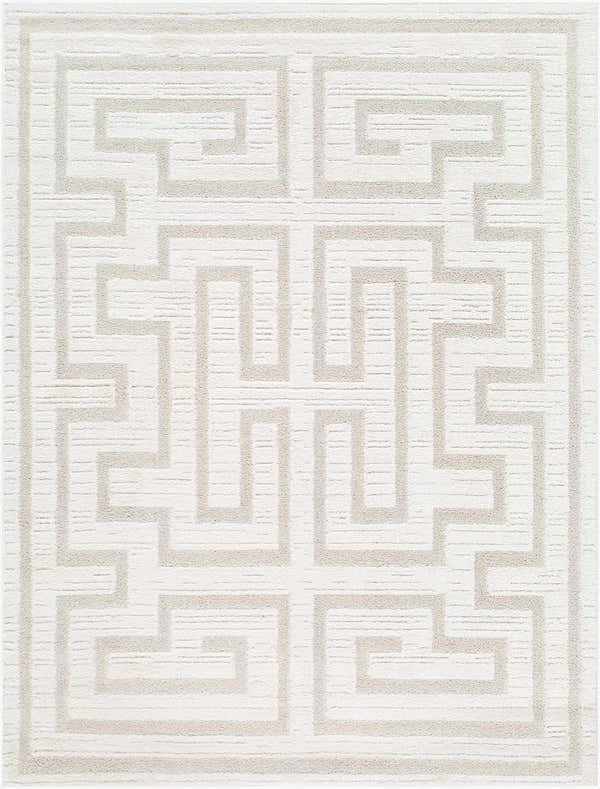 Close-up of the Studio Edit Rachel Zoe x LIVABLISS RZSE-2307 Area Rug, showcasing its cream and beige geometric pattern. Design-Rectangle