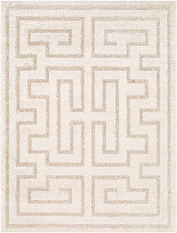 Close-up of the Studio Edit Rachel Zoe x LIVABLISS RZSE-2308 Area Rug. Ivory rug with a geometric, Greek key-inspired pattern. Design-Rectangle