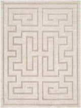 Close-up of the Studio Edit Rachel Zoe x LIVABLISS RZSE-2309 Area Rug. Ivory rug with a geometric, maze-like pattern in medium gray. Design-Rectangle