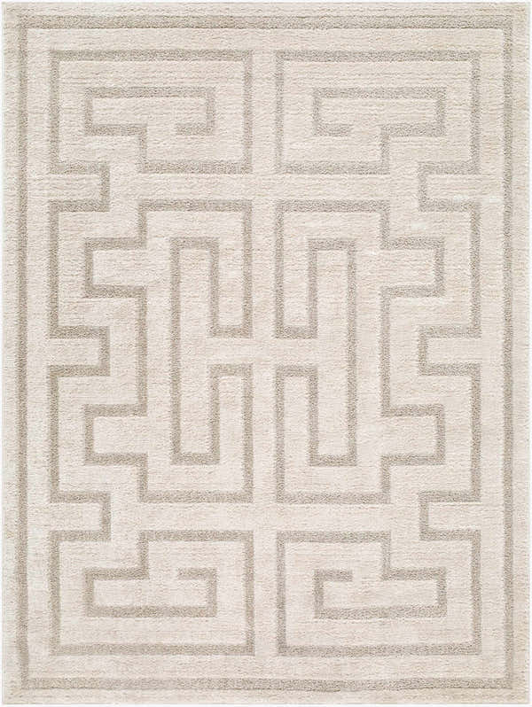 Close-up of the Studio Edit Rachel Zoe x LIVABLISS RZSE-2309 Area Rug. Ivory rug with a geometric, maze-like pattern in medium gray. Design-Rectangle