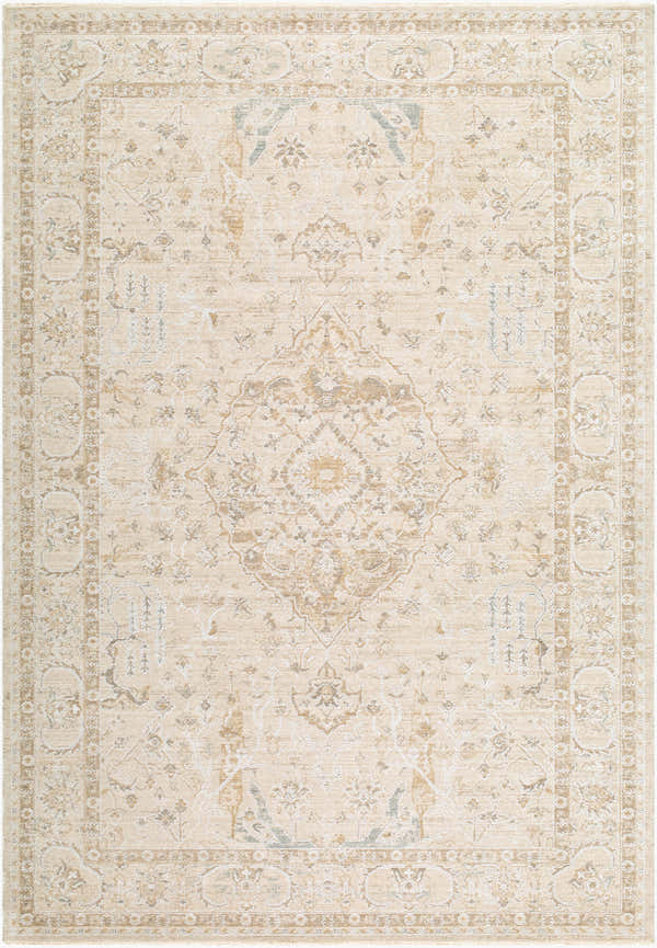 Close-up of the Vintage Edit Rachel Zoe x LIVABLISS RZVE-2300 Area Rug. Beige, cream, and gray traditional floral pattern. Design-Rectangle-6796