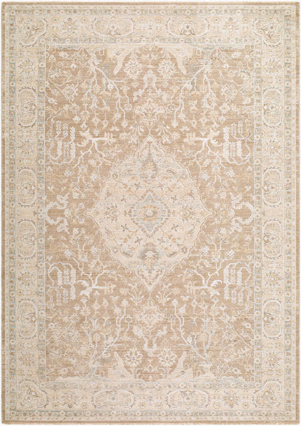 Close-up of the Vintage Edit Rachel Zoe x LIVABLISS RZVE-2301 Area Rug. Beige, cream, and gray traditional floral pattern. Design-Rectangle-6796