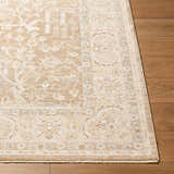 Close-up of the Vintage Edit Rachel Zoe x LIVABLISS RZVE-2301 Area Rug. Beige, cream, and gray traditional pattern. Front