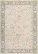 Close-up of the Vintage Edit Rachel Zoe x LIVABLISS RZVE-2304 Area Rug. Beige, cream, and gray floral pattern with traditional border. Design-Rectangle-6796