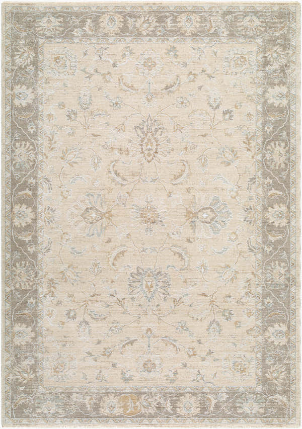 Close-up of the Vintage Edit Rachel Zoe x LIVABLISS RZVE-2304 Area Rug. Beige, cream, and gray floral pattern with traditional border. Design-Rectangle-6796