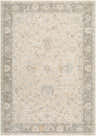 Close-up of the Vintage Edit Rachel Zoe x LIVABLISS RZVE-2304 Area Rug. Beige, cream, and gray floral pattern with traditional border. Design-Rectangle-6796