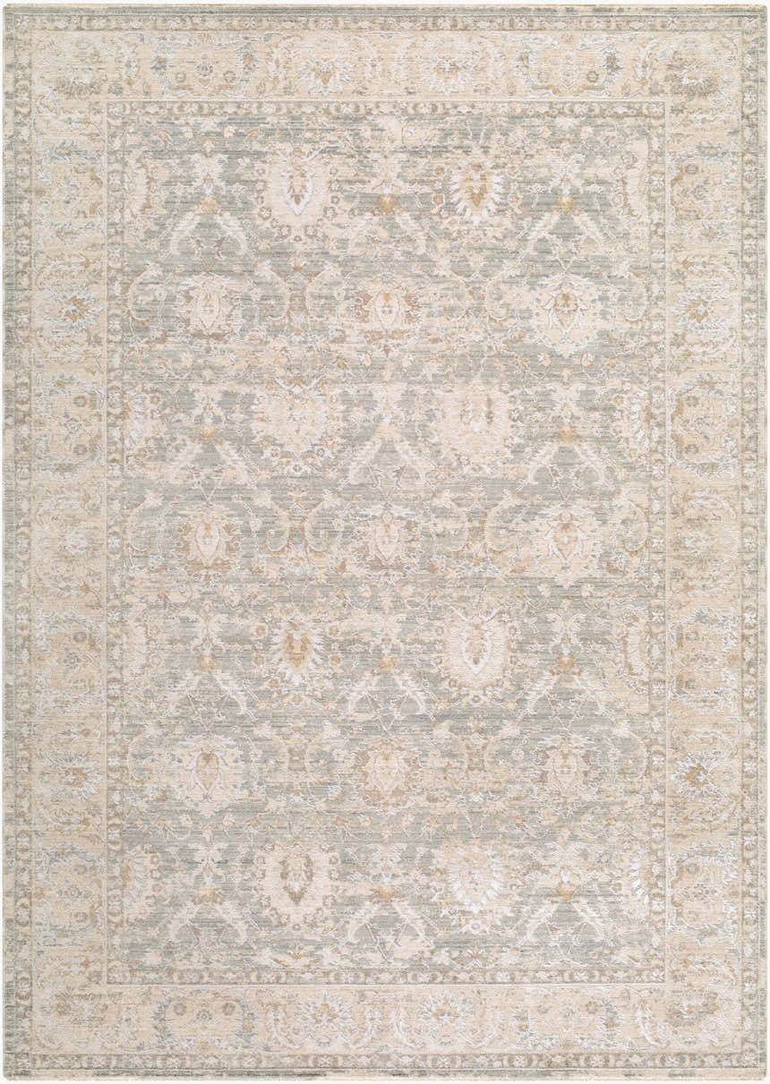 Machine Woven Rachel Zoe x LIVABLISS RZVE-2305 Area Rug in beige, cream, gray, sage, and tan with a traditional pattern. Design-Rectangle-6796
