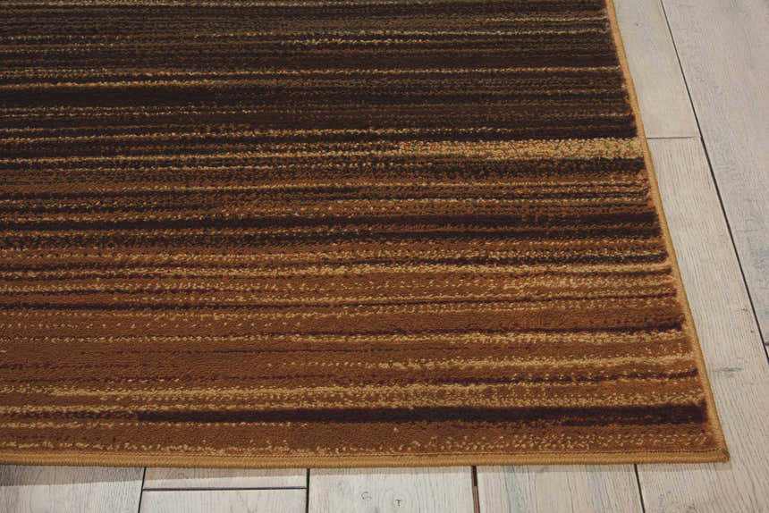 Close-up of Nourison Paramount Multicolor Painterly Area Rug showing brown, beige, and tan horizontal stripes.
