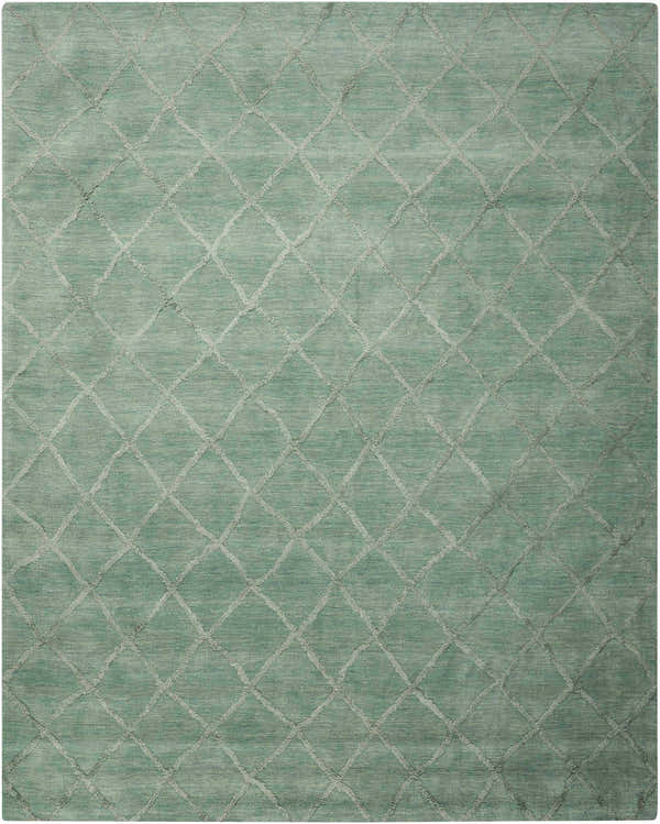 Close-up of the Nourison Lunette Aqua rug featuring a diamond trellis pattern and soft wool texture.