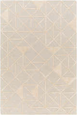 Close-up of the Botiu Blue Geometric rug, a hand-tufted wool rug with light gray and pale peach tones and a modern triangle pattern. Design-Rectangle-576