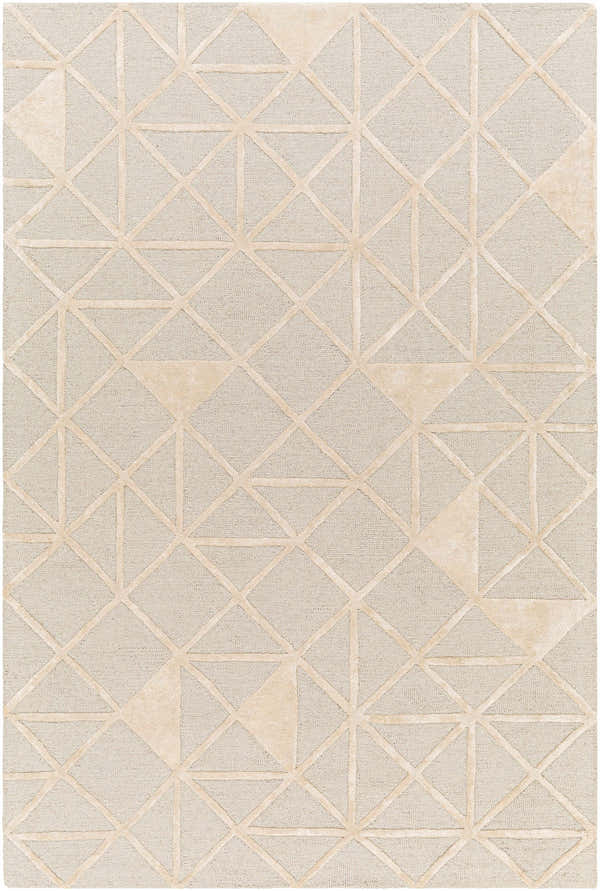 Close-up of the Botiu Blue Geometric rug, a hand-tufted wool rug with light gray and pale peach tones and a modern triangle pattern. Design-Rectangle-576