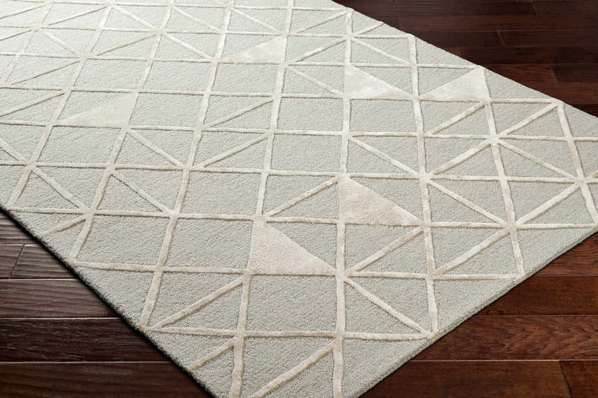 Close-up of the Botiu Blue Geometric Hand Tufted Wool Area Rug. Light gray rug with a raised geometric pattern. Corner