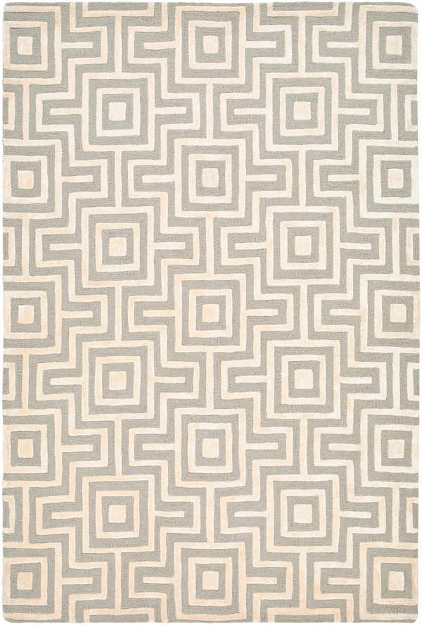 Close-up of the Fynn Beige Area Rug featuring a geometric maze pattern in beige and gray hues. Hand-tufted wool and viscose rug. Design-Rectangle-576