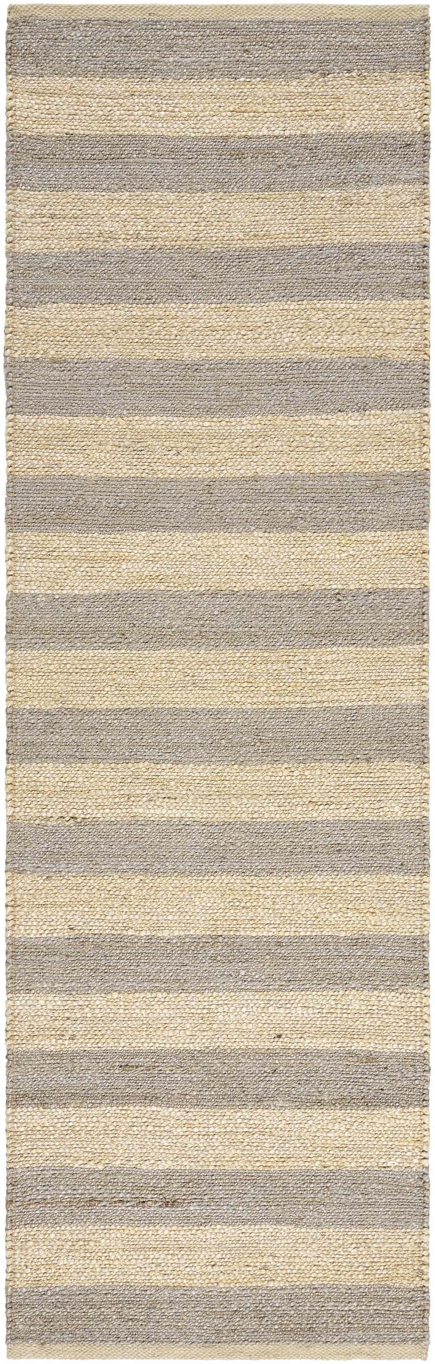Close-up of the hand woven Ilkay Jute Area Rug. Camel and natural jute stripes create a farmhouse, transitional style. Design-Runner-268