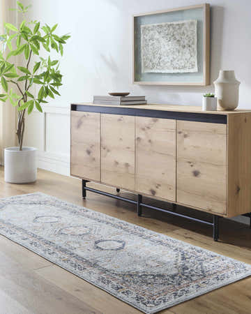 Entryway with light wood console table and light gray Gilda Area Rug runner on wood floor. Roomscene-Runner