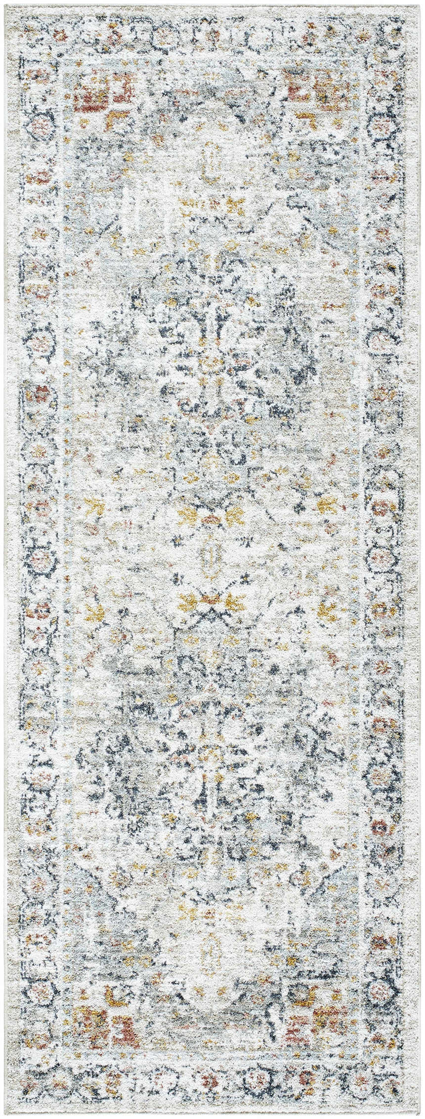 Detailed texture of the Ivria Blue Gray Area Rug, a farmhouse style runner with traditional floral patterns. Design-Runner-2773