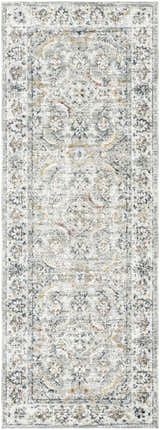 Close-up of the Jeven Sage Area Rug, a machine-woven runner with a farmhouse style, featuring gray, white, gold, and navy hues. Design-Runner-2773