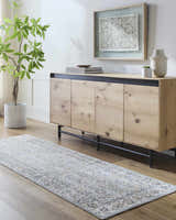 Entryway with beige wood floors, cabinet, and Jeven Blue Area Rug runner with traditional farmhouse design. Roomscene-Runner