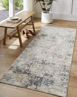 Light gray Sten Area Rug runner in a bright entryway with a wooden bench and potted plant. Roomscene-Runner