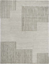 Close-up of the Akuji Area Rug. Contemporary design with gray and white stripes and bars. Hand-tufted wool texture. Design-Rectangle-71010