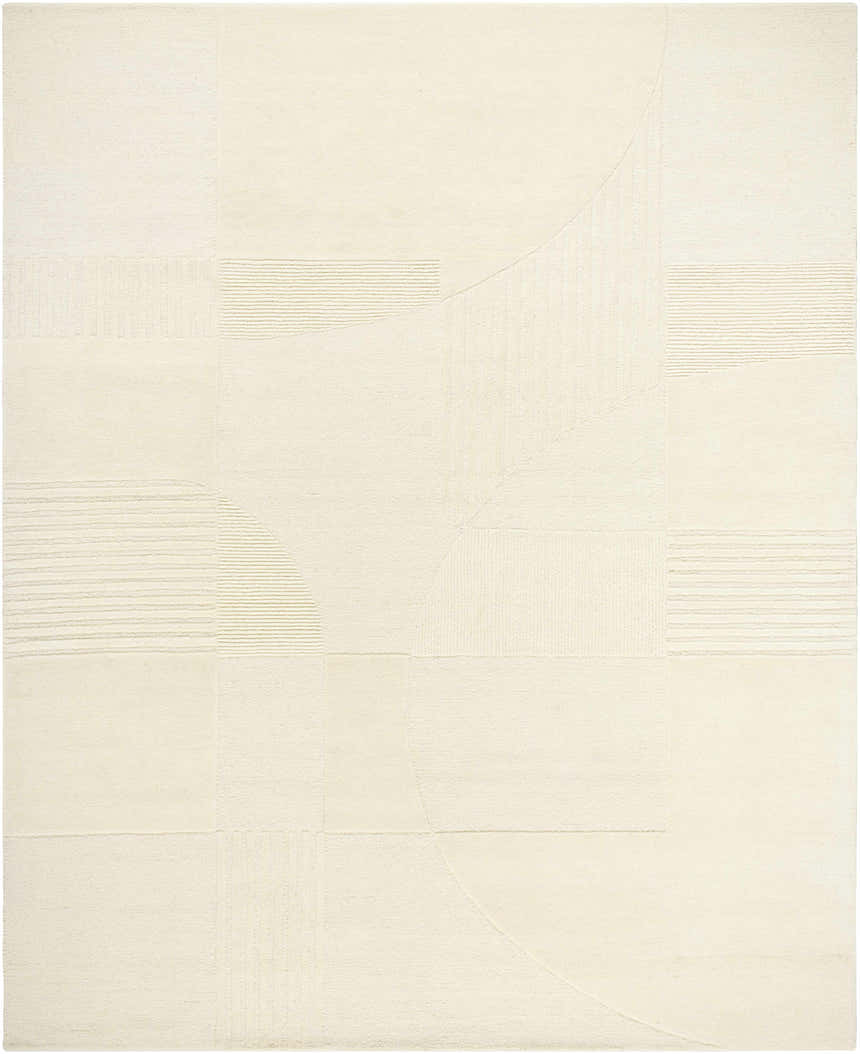 Close-up of the Denis Area Rug in lambswool. Hand-tufted wool rug with a contemporary, geometric pattern. Design-Rectangle-810