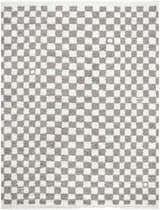 Close-up of the Kieu Taupe Checkered Plush Rug. The rug has a gray and white checkerboard pattern and a plush texture. Design-Rectangle-71010