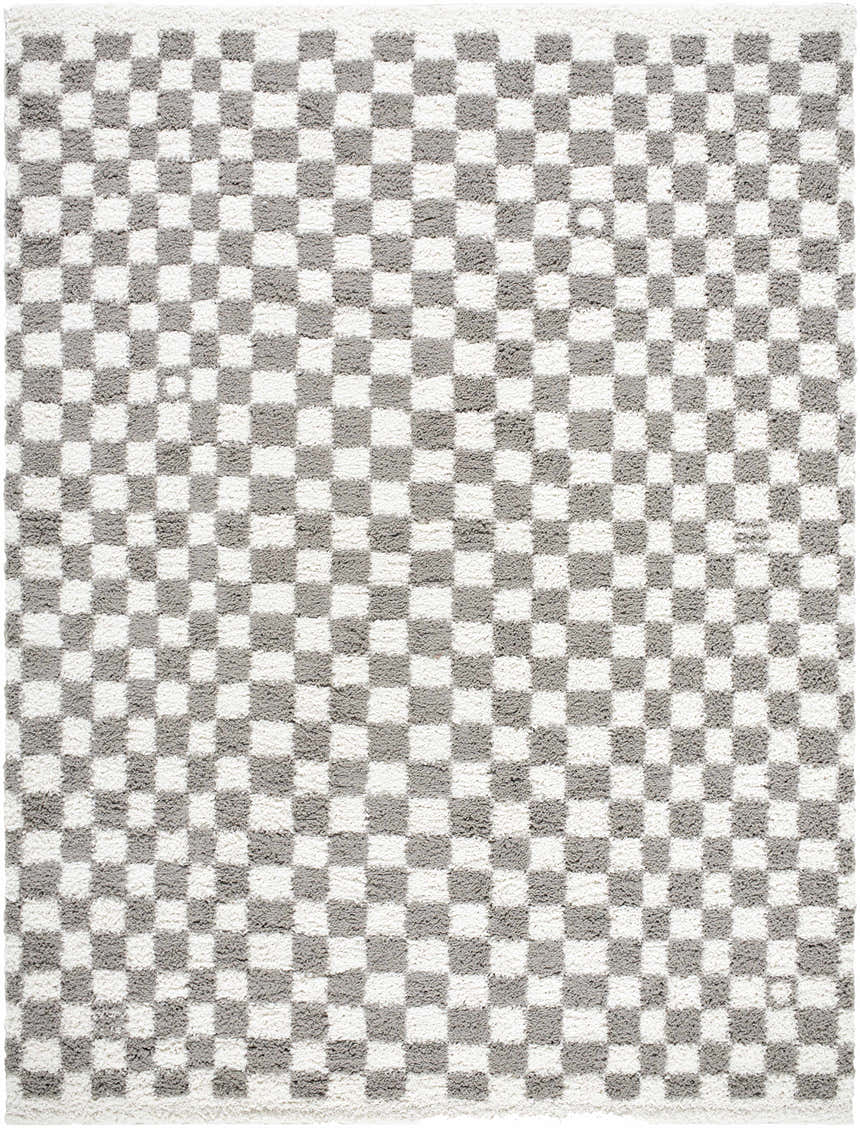 Close-up of the Kieu Taupe Checkered Plush Rug. The rug has a gray and white checkerboard pattern and a plush texture. Design-Rectangle-71010